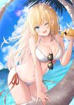  1girl absurdres arm_support bangs bare_shoulders bikini bird blonde_hair blue_eyes blush bow breasts clouds collarbone cowboy_shot ekidona eyebrows_visible_through_hair glasses hand_up highres holding long_hair looking_at_viewer lotion medium_breasts messy_hair mountain navel one_eye_closed open_mouth outdoors sidelocks sky smile solo stomach sunlight sunscreen swimsuit thighs tree upper_teeth water white_bikini 