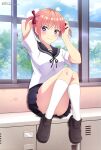  1girl absurdres arm_behind_head bangs black_footwear black_sailor_collar black_skirt blue_eyes bow closed_mouth clouds collarbone day go-toubun_no_hanayome hair_bow hand_in_hair highres kneehighs knees_together_feet_apart locker looking_at_viewer megami_magazine nakano_ichika official_art orange_hair pleated_skirt sailor_collar scan school_uniform serafuku shirt shoes short_hair short_sleeves short_twintails sitting skirt sky smile solo thighs tree twintails uwabaki white_legwear white_shirt window 