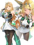  1girl absurdres bangs bare_shoulders blonde_hair breasts chest_jewel dress earrings elbow_gloves gloves highres jewelry large_breasts long_hair mythra_(xenoblade) ormille pantyhose short_dress super_smash_bros. swept_bangs thigh_strap tiara very_long_hair white_dress white_gloves xenoblade_chronicles_(series) xenoblade_chronicles_2 yellow_eyes 