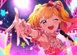  1girl :d absurdres aikatsu!_(series) aikatsu_stars! armpits blonde_hair blush bow earrings eyebrows_visible_through_hair gloves gradient_hair hair_bow heart heart_earrings highres holding holding_microphone huge_filesize idol jewelry long_hair looking_at_viewer microphone multicolored_hair nail_polish nijino_yume one_eye_closed open_mouth pink_hair smile solo supersaiazin-kanako twintails 