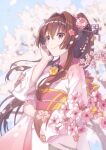  1girl brown_eyes brown_hair cherry_blossom_print cherry_blossoms closed_mouth floral_print flower hair_between_eyes hair_flower hair_ornament japanese_clothes kantai_collection kimono long_hair long_sleeves mitsuyo_(mituyo324) obi petals pink_flower pink_kimono ponytail sash smile solo tree upper_body wide_sleeves yamato_(kancolle) 