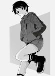  1girl boots commentary_request cross-laced_footwear greyscale hands_in_pockets jacket kantai_collection lace-up_boots looking_at_viewer mogami_(kancolle) monochrome satsumi short_hair shorts solo standing striped striped_legwear 