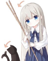  1girl afterimage animal arrow_(symbol) bangs black_cat blue_bow blue_eyes blue_skirt blush bow cat closed_mouth collared_shirt commentary_request dress_shirt eyebrows_visible_through_hair grey_hair healer_girl_(yuuhagi_(amaretto-no-natsu)) holding long_hair long_sleeves original pleated_skirt puffy_long_sleeves puffy_sleeves shirt simple_background skirt solo tail tail_wagging very_long_hair white_background white_shirt yuuhagi_(amaretto-no-natsu) 