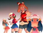  4girls beanie bow brown_hair chibi hikari_(pokemon) hair_bow hat king_fabu leaf_(pokemon) long_hair looking_at_viewer lyra_(pokemon) may_(pokemon) multiple_girls outstretched_arm overalls pokemon pokemon_(game) pokemon_bdsp pokemon_frlg pokemon_hgss pokemon_oras scared scarf shaded_face short_shorts shorts skirt sleeveless smile twintails white_headwear 