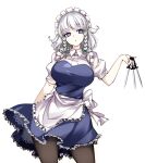  1girl absurdres apron blue_eyes braid breasts eyebrows_visible_through_hair highres holding holding_knife holding_weapon izayoi_sakuya knife knives_between_fingers large_breasts leaning_to_the_side looking_to_the_side maid maid_headdress open_mouth pantyhose puffy_short_sleeves puffy_sleeves raptor7 short_sleeves silver_hair simple_background skirt solo symbol_commentary touhou twin_braids unconnected_marketeers weapon white_background 