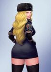 1girl ass black_thighighs blonde_hair blue_eyes breasts cirenk from_behind hand_on_hip highres kolin long_hair looking_at_viewer russian_clothes smile street_fighter street_fighter_v thigh-highs thighs