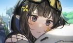  3girls arknights bangs black_hair blunt_bangs blush eunectes_(arknights) flower gavial_(arknights) goggles goggles_on_head hair_flower hair_ornament highres hug lancet-2_(arknights) lyas multicolored multicolored_eyes multiple_girls pointy_ears robot short_hair symbol_commentary 