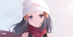  1girl bare_shoulders beanie black_eyes black_hair blush chinese_commentary closed_mouth commentary_request hikari_(pokemon) gradient gradient_background grey_background hat highres long_hair looking_at_viewer pokemon pokemon_(game) pokemon_dppt portrait red_scarf scarf shokuyou_koori sidelocks sleeveless smile solo white_headwear 