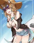 1girl animal_ears arknights bangs braid breasts brown_hair gem hat heart highres jewelry large_breasts mabingame open_mouth shorts sky smile sunglasses swimsuit tail twin_braids utage_(arknights) utage_(summer_flowers)_(arknights) violet_eyes 