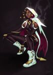  1girl asymmetrical_hair black_gloves black_pants breasts cape dark_skin dark-skinned_female elbow_gloves english_commentary full_body gloves glowing glowing_eyes green_eyes hairlocs highres hood hood_up hooded_cape league_of_legends lips medium_breasts nose pants qt0ri senna_(league_of_legends) shoes sneakers solo squatting very_dark_skin white_cape white_footwear 