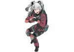  1girl absurdres animal_ear_fluff animal_ears cosplay fang fingerless_gloves floating gawuiiiaguiii gloves grey_eyes grey_hair hands_together highres hololive jack_cooper jack_cooper_(cosplay) lion_ears lion_girl open_mouth red_gloves scared shishiro_botan solo titanfall_(series) titanfall_2 virtual_youtuber white_background 