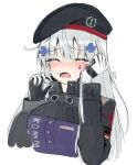  1girl ankkoyom beret black_headwear blush closed_eyes commentary_request crying eyebrows_visible_through_hair facial_mark girls_frontline gloves hair_ornament hat hk416_(girls_frontline) jacket korean_commentary long_hair open_mouth silver_hair solo tears upper_body white_background 