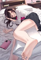  1girl barefoot bed bed_sheet black_skirt book brown_hair cellphone earphones highres indoors legs long_hair long_sleeves looking_at_viewer lying necktie on_bed open_mouth original phone pillow pink_eyes pink_neckwear shirt skirt soles solo superpig white_shirt 