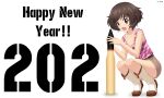  1girl 2021 :d absurdres acrux akiyama_yukari bangs belt black_belt boots bra_strap breasts brown_eyes brown_hair brown_shorts camouflage camouflage_shirt commentary dated english_commentary english_text girls_und_panzer happy_new_year highres incredibly_absurdres looking_at_viewer medium_breasts messy_hair new_year open_mouth pink_shirt shirt short_hair short_shorts shorts simple_background smile solo squatting tank_shell tank_top twitter_username white_background white_footwear 