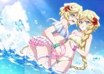  2girls ;d aqua_scrunchie ball bangs beachball blonde_hair blue_eyes blue_sky braid braided_ponytail carol_malus_dienheim clouds collarbone day elfnein eyebrows_visible_through_hair flat_chest floating_hair flower gradient_bikini hair_between_eyes hair_flower hair_ornament hibiscus holding holding_ball layered_bikini long_hair miona_yui mole mole_under_eye multiple_girls one_eye_closed open_mouth outdoors ponytail purple_scrunchie red_flower scrunchie senki_zesshou_symphogear shiny shiny_hair sky smile summer thigh_strap very_long_hair wading water_surface wrist_scrunchie 