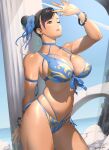  1girl bare_shoulders bikini bracelet breasts chun-li flower hair_bun hair_ornament highres jewelry kotoyoshi_yumisuke large_breasts lips muscular muscular_female navel one_eye_closed outdoors parted_lips solo solo_focus stomach street_fighter swimsuit thick_thighs thighs yellow_eyes 