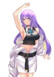 1girl absurdres armpits bangs belt black_belt black_choker blonde_hair breasts choker colored_inner_hair crop_top eyebrows_visible_through_hair gradient_hair hand_up highres hol hololive hololive_indonesia jacket large_breasts midriff moona_hoshinova multicolored_hair navel off_shoulder purple_hair reezuri sideboob solo textless violet_eyes virtual_youtuber white_background white_jacket 