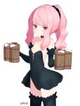  1girl 2021 absurdres alcohol artist_name bare_shoulders beer black_gloves black_legwear black_leotard black_skirt blush breasts choker cup dated elbow_gloves gloves highres holding lbds leotard long_hair louise_francoise_le_blanc_de_la_valliere mug pink_eyes pink_hair ponytail showgirl_skirt simple_background skirt small_breasts solo strapless strapless_leotard thigh-highs waitress white_background zero_no_tsukaima 