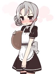  1girl alternate_costume apron asymmetrical_hair bangs black_dress blush commentary_request cowboy_shot dress embarrassed flipped_hair grey_eyes highres kantai_collection long_hair nose_blush nowaki_(kancolle) silver_hair simple_background solo swept_bangs tray waitress white_apron white_background yoru_nai 