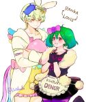  1boy 1girl blonde_hair bow braid cosplay costume_switch crown_braid green_hair hair_bow hair_ornament kimidori_(kimidoriri) king_of_prism_by_prettyrhythm kisaragi_louis kisaragi_louis_(cosplay) macross macross_frontier object_hug oosanshouuo-san pretty_(series) pretty_rhythm ranka_lee ranka_lee_(cosplay) red_eyes short_hair smile yellow_eyes 