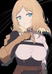  1girl bangs black_background blue_eyes breasts brown_gloves character_request closed_mouth elbow_gloves eyebrows_visible_through_hair gloves granblue_fantasy highres light_brown_hair long_hair looking_at_viewer medium_breasts parted_bangs shirt smile solo uneg white_shirt 