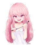  1girl 2021 annoyed artist_name blush camisole dated flat_chest glaring highres lbds long_hair louise_francoise_le_blanc_de_la_valliere open_mouth pink_eyes pink_hair riding_crop simple_background smile solo trembling upper_body white_background white_camisole zero_no_tsukaima 