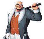  1boy bald beard black-framed_eyewear brown_vest coat commentary_request cowboy_shot cravat earrings evilgun facial_hair fur-trimmed_coat fur_trim grey_coat grin hand_in_pocket highres holding holding_stick holding_weapon jewelry lips long_sleeves looking_at_viewer male_focus mr_big_(snk) mustache open_clothes open_coat over_shoulder pants ryuuko_no_ken simple_background smile solo standing stick sunglasses teeth the_king_of_fighters the_king_of_fighters_&#039;96 vest weapon weapon_over_shoulder white_background white_pants 