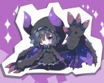  1girl black_cape black_dress black_legwear cape chibi commentary_request curled_horns dragon_girl dragon_horns dragon_tail dragon_wings dress full_body gore_magala hood hood_up hooded_cape horns horns_through_headwear juliet_sleeves long_sleeves milkpanda monster_hunter no_shoes pantyhose personification puffy_sleeves purple_background purple_wings sleeves_past_wrists solo sparkle standing tail wide_sleeves wings 