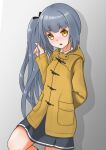  1girl absurdres brown_eyes coat cowboy_shot daichi_(daiti1318) gradient gradient_background grey_background grey_hair grey_skirt highres holding holding_hair huge_filesize kantai_collection kasumi_(kancolle) long_hair looking_at_viewer side_ponytail skirt solo standing yellow_coat 