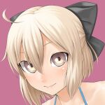  1girl ahoge bikini black_bow blonde_hair blue_bikini bow closed_mouth eyes fate_(series) gishu grey_eyes hair_between_eyes hair_bow halterneck koha-ace looking_at_viewer okita_souji_(fate) okita_souji_(fate)_(all) pink_background portrait short_hair simple_background smile solo swimsuit 