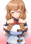  1girl alternate_hairstyle blush braid brown_hair closed_eyes closed_mouth eyebrows_visible_through_hair gradient gradient_background hair_between_eyes hair_ornament hairclip highres jacket kantai_collection komb long_hair long_sleeves smile solo tashkent_(kancolle) twin_braids upper_body white_jacket 