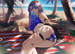  1girl absurdres alternate_costume ass beach beach_towel bikini blue_bikini blue_eyes blue_hair braid breasts caster day earrings fate/grand_order fate_(series) flower hair_flower hair_ornament highres huge_filesize jewelry long_hair lying medium_breasts ocean on_side outdoors palm_tree pointy_ears red_flower sand side_braid solo swimsuit thigh_strap towel tree you-6-11 