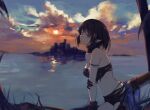  1girl 7ife arknights black_hair blue_eyes city clouds eunectes_(arknights) flower hair_flower hair_ornament highres navel pointy_ears snake_tail sunset tail 