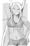  1girl animal_ears bangs bare_arms boku_no_hero_academia breasts commentary_request dark_skin dark-skinned_female eyelashes greyscale grin hand_on_hip highres long_hair looking_at_viewer midriff mirko monochrome navel nstime23 parted_bangs rabbit_ears short_shorts shorts smile solo standing tank_top twitter_username very_long_hair wet 