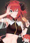  1girl :q absurdres animal_ears antenna_hair aqua_eyes arm_up armpits black_shirt breasts carolrin closed_mouth crop_top curled_horns doughnut food full-length_zipper hand_up highres holding horns looking_at_viewer medium_breasts midriff navel ok_sign original redhead see-through see-through_sleeves shirt short_hair short_sleeves shrug_(clothing) sleeveless sleeveless_shirt sleeveless_turtleneck smile solo stomach thick_eyebrows tongue tongue_out turtleneck upper_body wing_collar wristband zipper zipper_pull_tab 