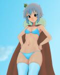  1girl bare_arms bare_shoulders bikini blue_background blue_bikini blue_legwear blue_sky breasts cape closed_mouth copyright_request cowboy_shot crown day gishu grey_hair hands_on_hips highres mini_crown navel outdoors red_cape simple_background skindentation sky small_breasts solo standing swimsuit thigh-highs tilted_headwear yellow_eyes 