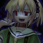  1girl belt_buckle belt_collar blonde_hair buckle collar fang hair_between_eyes headband highres higurashi_no_naku_koro_ni houjou_satoko necktie open_mouth puffy_short_sleeves puffy_sleeves red_eyes sailor_collar short_sleeves skin_fang solo spikes v1v404 yellow_neckwear 