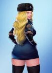 1girl absurdres ass black_thighhighs blonde_hair blue_eyes breasts cirenk from_behind hand_on_hip highres kolin long_hair looking_at_viewer russian_clothes smile street_fighter street_fighter_v thigh-highs thighs