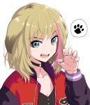 1girl :d animal_ears black_choker blue_eyes choker collarbone dog_ears hair_flaps jacket juvenile kawai_rika letterman_jacket light_brown_hair multicolored_hair niina_ryou open_clothes open_jacket open_mouth paw_pose paw_print simple_background smile solo speech_bubble spoken_paw streaked_hair tomboy upper_body upper_teeth white_background wonder_egg_priority young