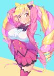  1girl animal_ear_fluff animal_ears arms_behind_head arms_up bangs black_bow blonde_hair blue_background blush bow breasts brown_background cat_ears cat_girl cat_tail center_frills collared_shirt commentary_request drawstring frills hair_bow highres ichi_makoto jacket large_breasts long_hair long_sleeves looking_at_viewer mashima_himeko_(show_by_rock!!) multicolored_hair open_clothes open_jacket parted_lips pink_hair pink_jacket pink_lips pink_skirt pleated_skirt red_eyes shirt show_by_rock!! skirt solo sweat tail thigh-highs twintails two-tone_background two-tone_hair very_long_hair white_shirt 