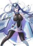  1girl absurdres alternate_costume animal_ears azur_lane black_legwear blue_hair blush bodystocking breasts cloak covered_navel elbow_gloves eyebrows_visible_through_hair fake_animal_ears feet_out_of_frame gloves grey_eyes highres large_breasts long_hair looking_at_viewer new_jersey_(azur_lane) open_mouth pantyhose sankyo_(821-scoville) smile solo standing white_background white_cloak white_gloves 