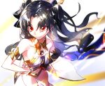  1girl absurdres armlet asymmetrical_sleeves bangs bikini black_bow black_hair black_sleeves bow bra breasts detached_sleeves earrings eyebrows_visible_through_hair fate/grand_order fate_(series) foreshortening hair_bow hands_on_hips highres hoop_earrings ishtar_(fate) ishtar_(fate)_(all) jewelry medium_breasts mismatched_bikini neck_ring parted_bangs red_eyes single_detached_sleeve solo swimsuit tiara two_side_up underwear wattaro white_bra 