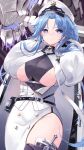 1girl absurdres azur_lane bangs belt belt_pouch between_breasts black_belt black_undershirt blue_eyes blue_hair breasts closed_mouth coat coat_on_shoulders collared_shirt commentary_request dagger eyes_visible_through_hair hands_up highres large_breasts long_hair long_sleeves looking_at_viewer o-ring_belt open_clothes open_shirt parted_bangs pouch puffy_sleeves revealing_clothes sakkama shirt side_slit sidelocks skirt skirt_set smile solo sovetskaya_belorussiya_(azur_lane) under_boob very_long_hair weapon white_coat white_headwear white_shirt white_skirt 