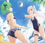  2girls :d arm_up ass bangs bare_arms bare_shoulders bikini bird black_bikini black_ribbon bloop_(gawr_gura) blue_eyes blue_hair blue_swimsuit blunt_bangs blush breasts chintora0201 clothes_writing collarbone commentary covered_navel day double_bun dutch_angle fish_tail gawr_gura green_hair hair_ribbon hands_up highres hololive long_hair multicolored_hair multiple_girls one-piece_swimsuit open_mouth outdoors palm_tree ribbon shark_girl shark_tail sharp_teeth short_hair silver_hair sky small_breasts smile standing streaked_hair swimsuit tail teeth tree two_side_up uruha_rushia virtual_youtuber water water_drop 