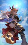  1girl absurdres bangs black_legwear blue_sky breasts brown_eyes brown_hair capelet cloak clouds gloves granblue_fantasy hair_ornament head_wings high_heels highres large_breasts long_hair looking_at_viewer midriff navel sky smile solo song_(granblue_fantasy) sunlight yukizakuro 