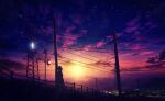  1girl absurdres backlighting city city_lights clouds dark fence grass highres lens_flare mountainous_horizon night night_sky original power_lines scenery short_hair sky skyrick9413 solo star_(sky) sunlight sunset utility_pole 