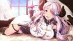  1girl black_footwear black_gloves blue_eyes blush boots braid breasts curtains day draph elbow_gloves fingerless_gloves gloves granblue_fantasy hair_ornament hair_over_one_eye highres horns indoors large_breasts light_purple_hair long_hair looking_at_viewer low_tied_hair lying narmaya_(granblue_fantasy) on_bed ouma_tokiichi plant pointy_ears potted_plant single_braid single_elbow_glove single_fingerless_glove solo thigh_strap window 