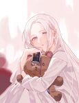  1girl can dress edelgard_von_hresvelg fire_emblem fire_emblem:_three_houses hair_intakes half-closed_eyes highres holding holding_can holding_stuffed_toy long_hair long_sleeves mo_(ine_mao) open_mouth purple_ribbon ribbon silver_hair sitting solo stuffed_animal stuffed_toy teddy_bear very_long_hair violet_eyes white_dress 