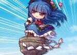 1girl :3 bangs black_headwear blue_hair blue_skirt blue_sky brown_footwear chibi clouds collared_shirt cross-laced_footwear dragon_ball dragon_ball_(classic) eyebrows_visible_through_hair food frilled_skirt frills fruit full_body hat hinanawi_tenshi keystone leaf long_hair long_skirt motion_lines outdoors peach puffy_short_sleeves puffy_sleeves rainbow_order red_eyes red_neckwear rope shide shimenawa shirt short_sleeves skirt sky solo standing surfing tao_pai_pai touhou twitter_username unime_seaflower white_shirt wind