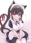  1girl animal_ears apron black_hair breasts cat_ears cat_girl cat_tail earrings eyebrows_visible_through_hair from_above highres jewelry large_breasts long_hair looking_at_viewer maid maid_apron maid_headdress mikaze_oto original piercing red_eyes ribbon sitting tail white_legwear 